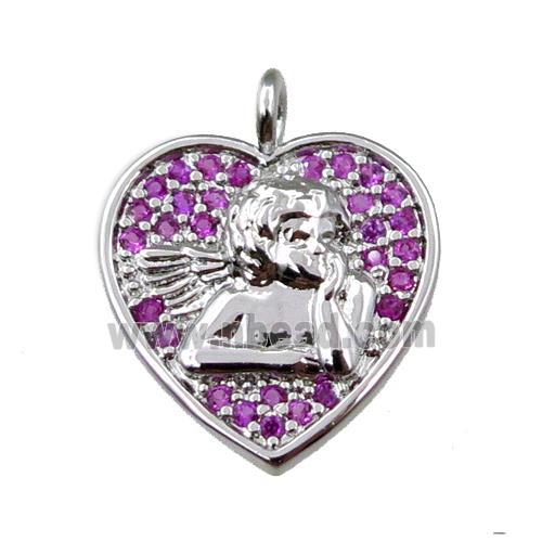 copper heart pendant pave zircon, angel, platinum plated