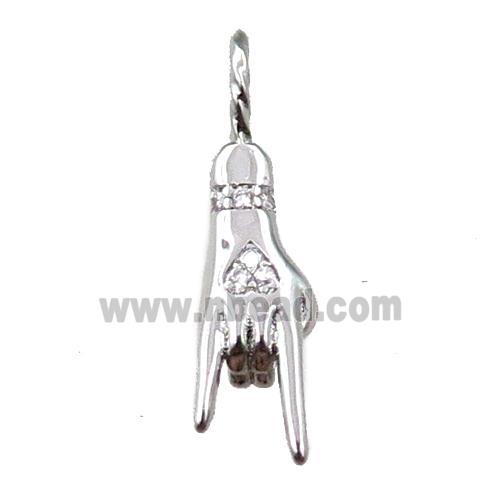 copper hand pendant pave zircon, platinum plated