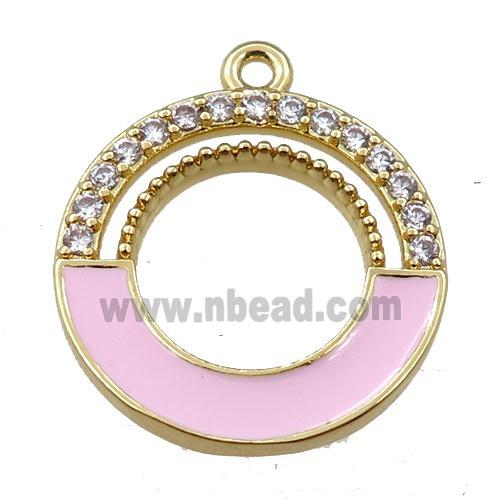 copper circle pendant pave zircon with pink enameled, gold plated