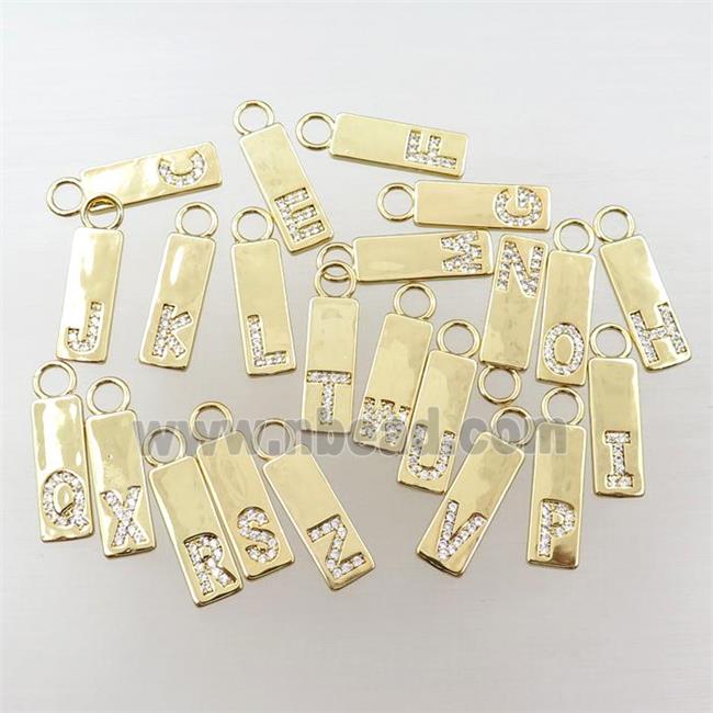 copper rectangle pendant pave zircon, letter, gold plated, mix