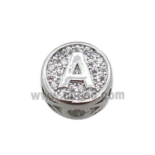 copper beads pave zircon, letter, platinum plated