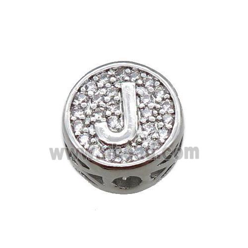 copper beads pave zircon, letter, platinum plated