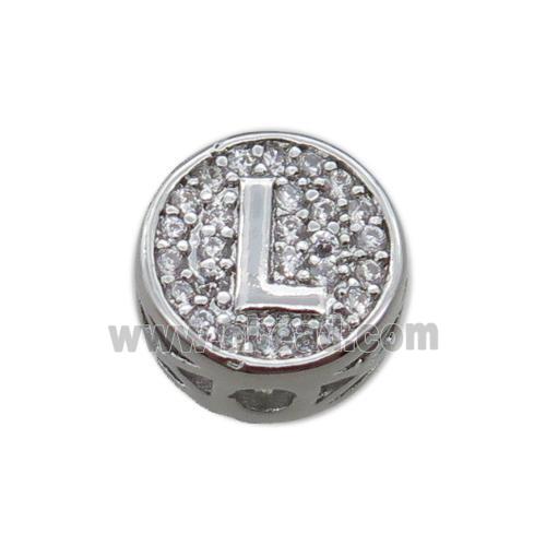 copper beads pave zircon, letter, platinum plated