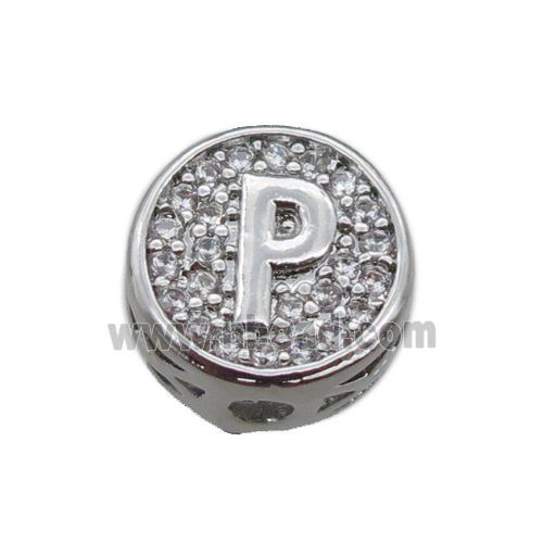 copper beads pave zircon, letter, platinum plated