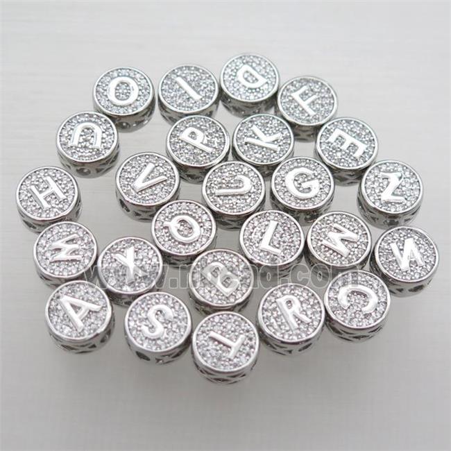 copper alphabet beads pave zircon, mix letter, platinum plated