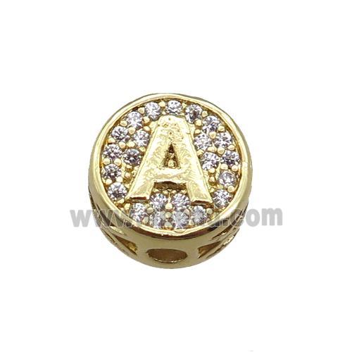 copper bead pave zircon, letter, gold plated