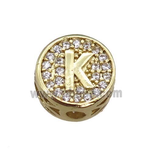 copper beads pave zircon, letter, gold plated