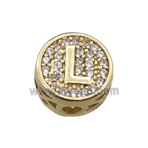 copper beads pave zircon, letter, gold plated