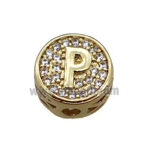 copper beads pave zircon, letter, gold plated