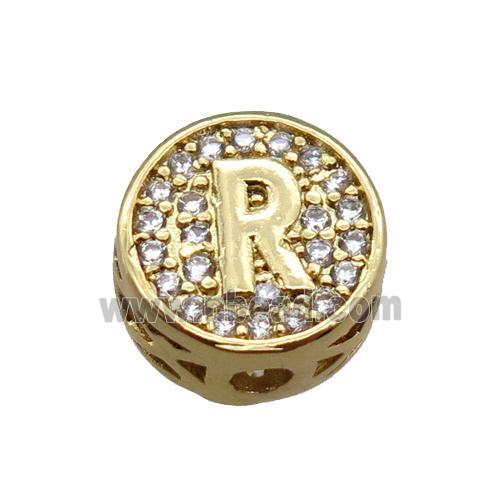 copper beads pave zircon, letter, gold plated