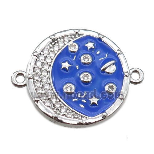 copper circle connector with moon, enameled, platinum plated