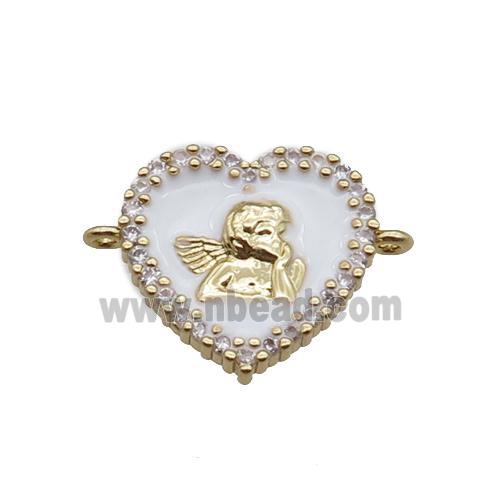 copper heart connector with angel, enameled, gold plated