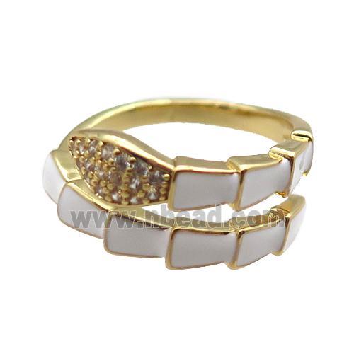 copper snake rings paved zircon with white enameled, adjustable, gold plated
