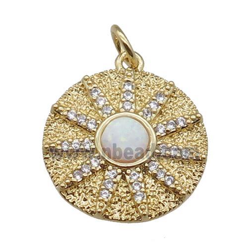 copper circle pendant pave zircon, sun, gold plated