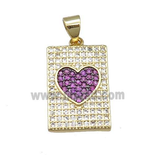 copper rectangle pendant pave zircon, heart, gold plated