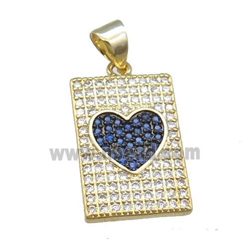 copper rectangle pendant pave zircon, heart, gold plated