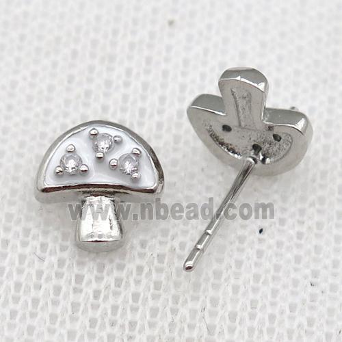 copper mushroom Stud Earring with white Enameled, platinum plated