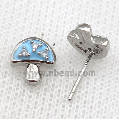 copper mushroom Stud Earring with blue Enameled, platinum plated