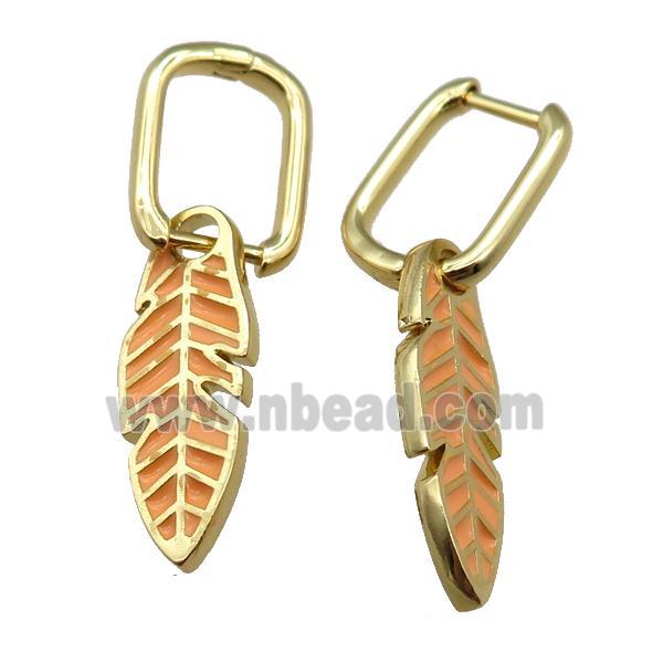 copper Latchback Earrings with Enamel Leaf, gold plated