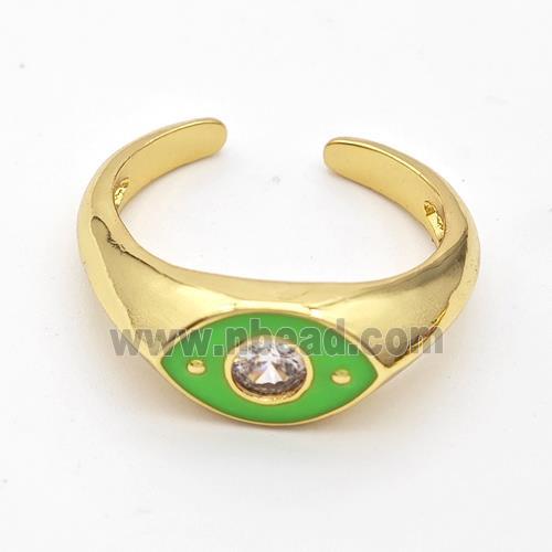 Copper Eye Ring Pave Zirconia Green Enamel Gold Plated