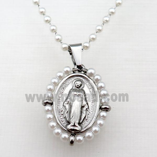 Stainless Steel Jesus Necklace White Pearlized Glass Platinum Plated