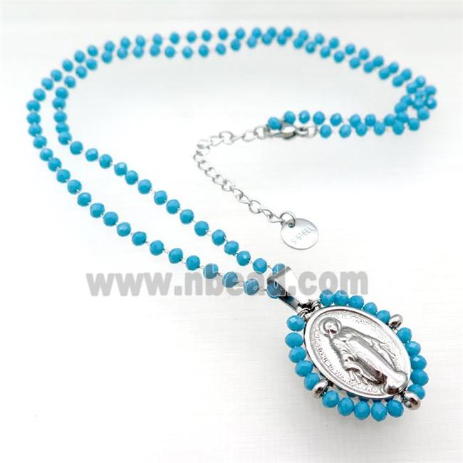 Stainless Steel Jesus Necklace Teal Crystal Glass Platinum Plated