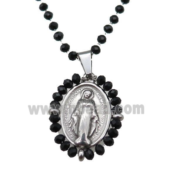 Stainless Steel Jesus Necklace Black Crystal Glass Platinum Plated