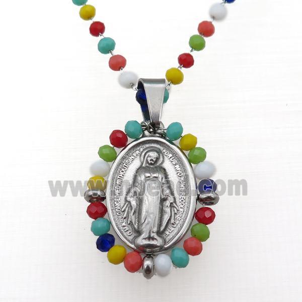 Stainless Steel Jesus Necklace Multicolor Crystal Glass Platinum Plated