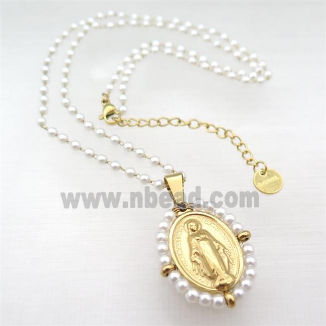 Stainless Steel Jesus Necklace White Pearlized Glass Gold Plated