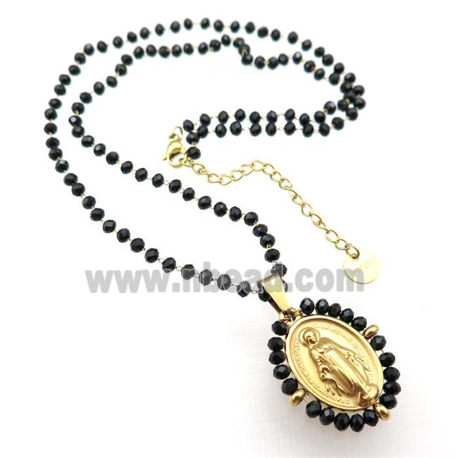 Stainless Steel Jesus Necklace Black Crystal Glass Gold Plated