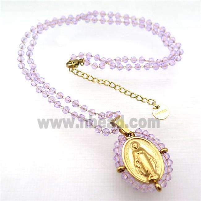 Stainless Steel Jesus Necklace Lt.purple Crystal Glass Gold Plated