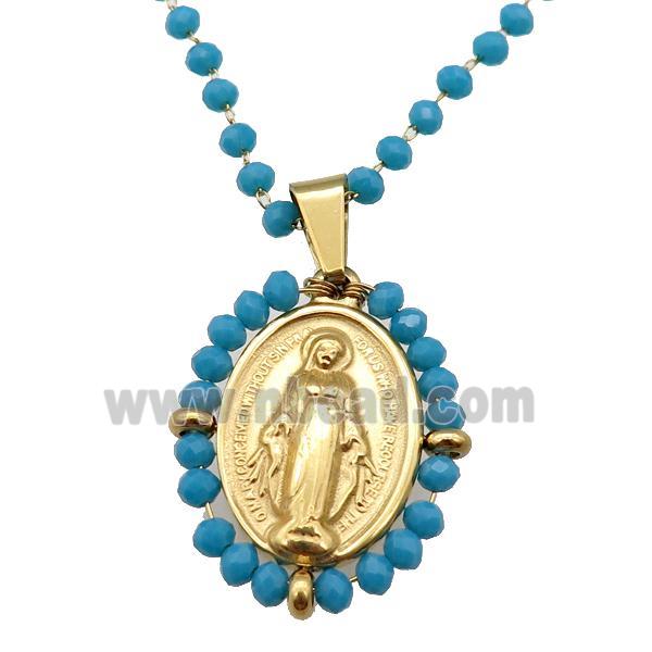 Stainless Steel Jesus Necklace Teal Crystal Glass Gold Plated