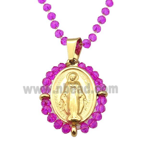 Stainless Steel Jesus Necklace Hotpink Crystal Glass Gold Plated