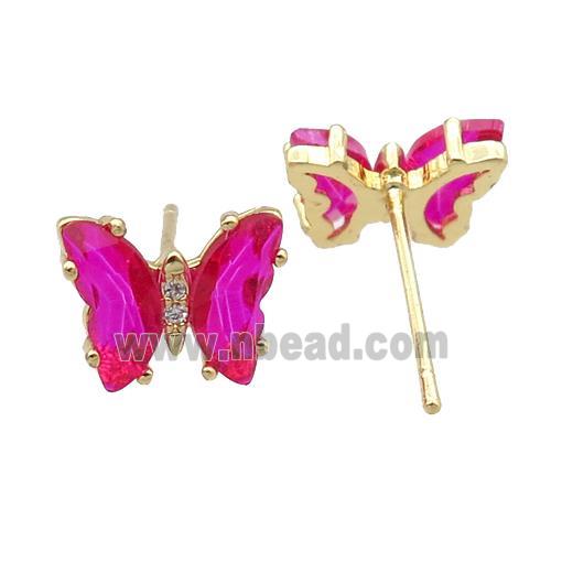 hotpink Crystal Glass Butterfly Stud Earrings, gold plated