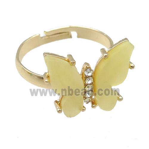 yellow Resin Butterfly Rings, adjustable, gold plated