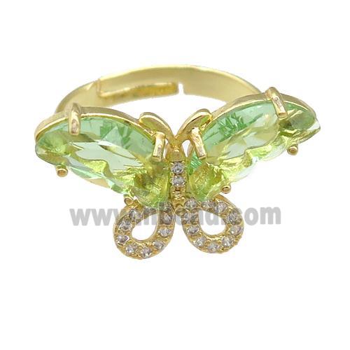 lt.green Crystal Glass Butterfly Rings, adjustable, gold plated