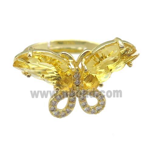 golden Crystal Glass Butterfly Rings, adjustable, gold plated