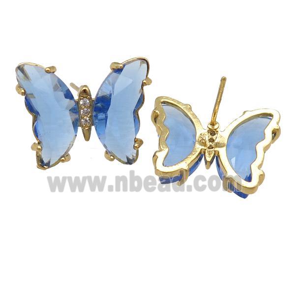 blue Crystal Glass Butterfly Stud Earrings, gold plated