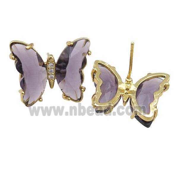 purple Crystal Glass Butterfly Stud Earrings, gold plated