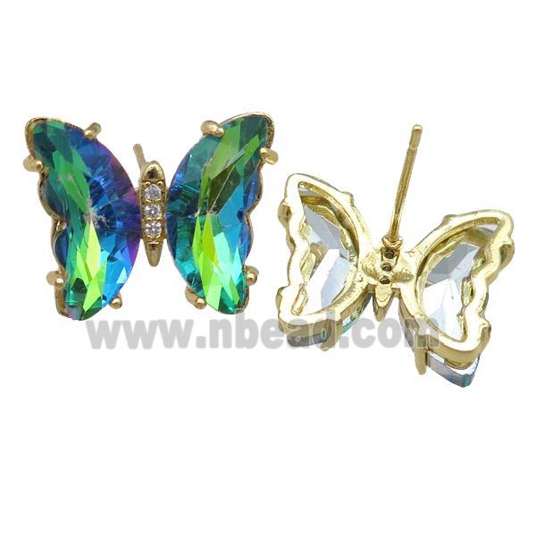 green Crystal Glass Butterfly Stud Earrings, gold plated