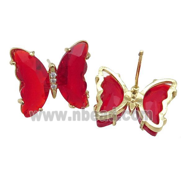 red Crystal Glass Butterfly Stud Earrings, gold plated