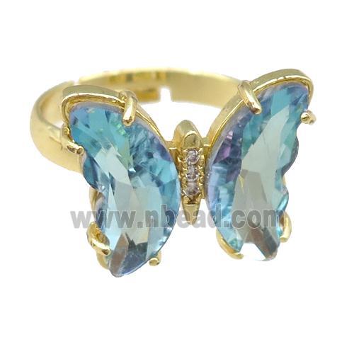 lt.blue Crystal Glass Butterfly Rings, gold plated