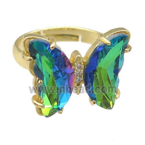 green Crystal Glass Butterfly Rings, gold plated