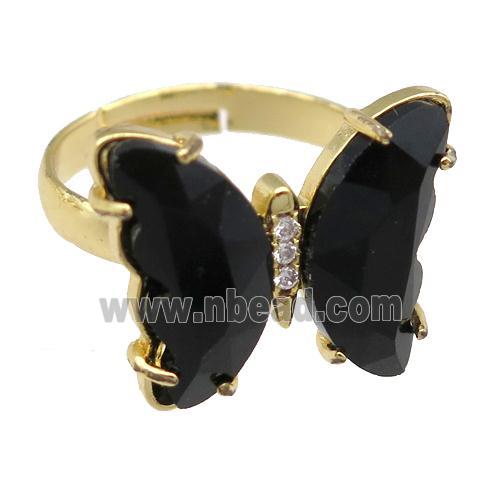 black Crystal Glass Butterfly Rings, gold plated