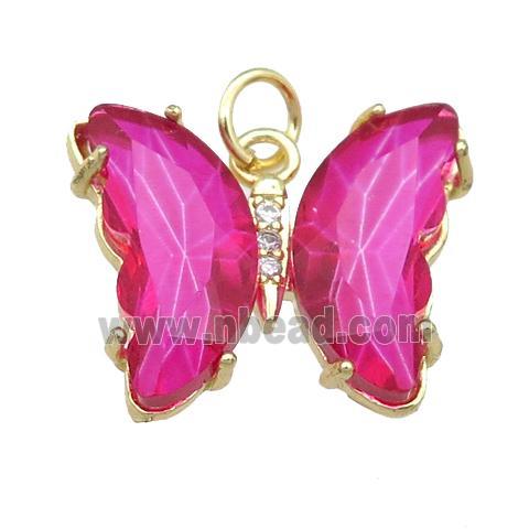 hotpink Crystal Glass Butterfly Pendant, gold plated