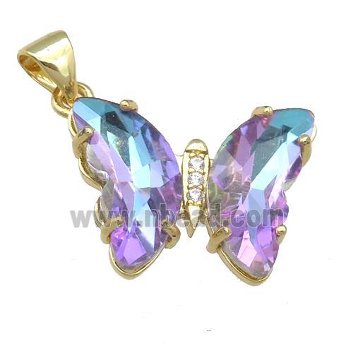 mauve Crystal Glass Butterfly Pendant, gold plated