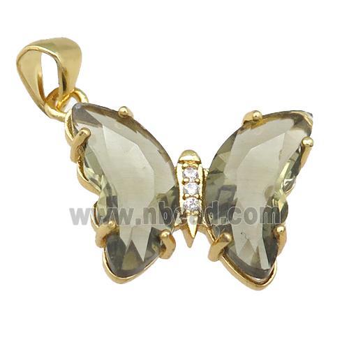 smoky Crystal Glass Butterfly Pendant, gold plated