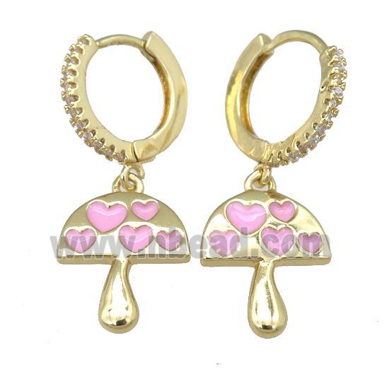 copper hoop Earring with pink enamel mushroom, gold plated