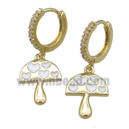 copper hoop Earring with white enamel mushroom, gold plated