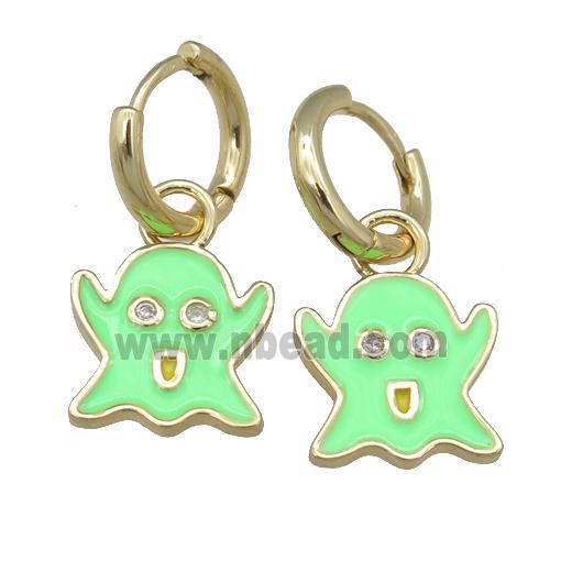 copper Hoop Earrings with green Enamel Ghost, gold plated